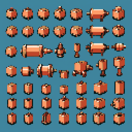 simple, geometrical copper pieces from a tank. Steampunk. It should be seen from the left side with no perspective, on a solid-color background. There should one be two or three pieces in each frame, it shouldn't be complete.