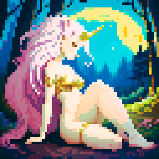 unicorn woman hybrid with cloven hooves, ethereal mane flowing, delicate golden horn, playful expression, bathed in the moons glow in a forest, clear detail, pixel art style, sRGB format