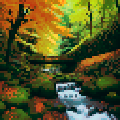 dense, moss-covered trees, vibrant autumn foliage, winding dirt paths, towering evergreens, sunlight filtering through the canopy, fallen leaves crunching underfoot, a tranquil creek flowing through the forest, small woodland creatures scurrying about, a quaint wooden bridge, patches of colorful mushrooms, pixelated tree trunks, vibrant shades of green and orange, a serene atmosphere, sRGB color palette