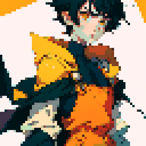 yellow round horns, black hair, short hair, robot joints, off-shoulder cape , upper body, arms at sides, standing still,  orange overalls, blank background,1boy, robot hands, robot joints, 