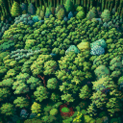 pine forest, pixel art, sRGB, vibrant colors, tall trees, dense foliage, dappled sunlight, moss-covered ground, winding path, birdsong, tranquil atmosphere, cool breeze, ethereal glow