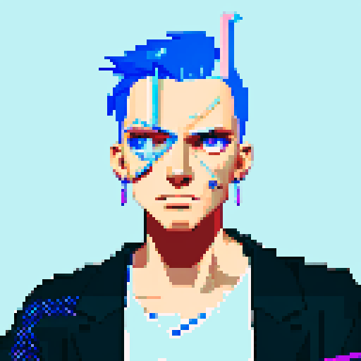 Cyberpunk hacker with neon hair, wielding futuristic swords in a dystopian cityscape, surrounded by glitching pixel art billboards