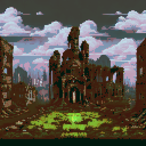 Apocalyptic ruins, desolate wasteland, decaying buildings, crumbling infrastructure, overgrown vegetation, abandoned vehicles, eerie atmosphere, gloomy sky, ominous clouds, dilapidated cityscape, pixelated art style, sRGB color profile, post-apocalyptic landscape