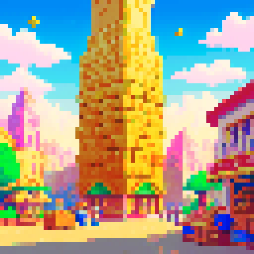 Imagine a vibrant, pixelated world known as Money Land, where the air is thick with the excitement of flying gold coins. This digital realm is filled with towering skyscrapers made of gleaming gold and silver, reflecting the bright, sunlit sky. Streets are lined with bustling marketplaces, where pixelated residents trade and barter using shimmering gold coins that seem to have a life of their own. In the sky above, gold coins of various sizes fly freely, leaving trails of glittering light in the
