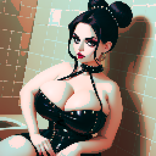 curvy, seductive busty goth babe with studded collar, hair in buns, aroused nude big titty goth in a close-up nude glamour shot, wearing halter top, against a modern tile backsplash, pixel art, sRGB