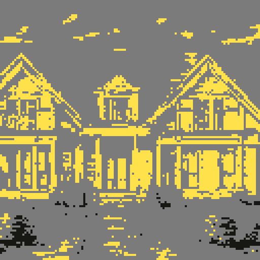 Suburban mansion, front view, symmetrical design, towering structure, pixelated windows, pristine lawn, straight path to door, low-resolution details, sRGB color palette