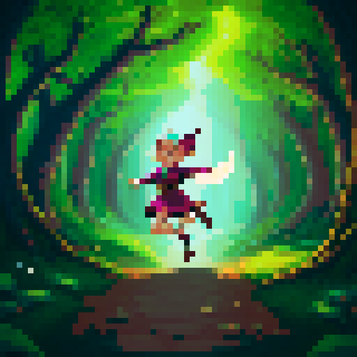 Create a mystical illustration of a nimble elf running through an enchanted forest. The elf should be depicted in mid-stride, with a sense of speed and agility. The forest around them is alive with magic, featuring glowing plants, luminescent fungi, and twinkling fireflies. The elf wears traditional, forest-themed attire, with intricate patterns and a small satchel bouncing at their side. The scene should have a mystical and vibrant atmosphere, capturing the magical essence of the forest and the