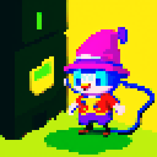 Sewer rat with magic hat, pixelated coding, vibrant sRGB colors