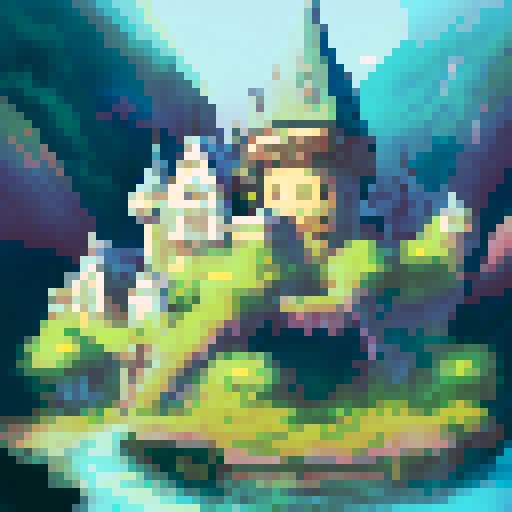 Majestic castle overlooking a misty river, perched atop a rocky hill, surrounded by lush green forests and a rainbow-colored sky, depicted in a landscape portrait style.