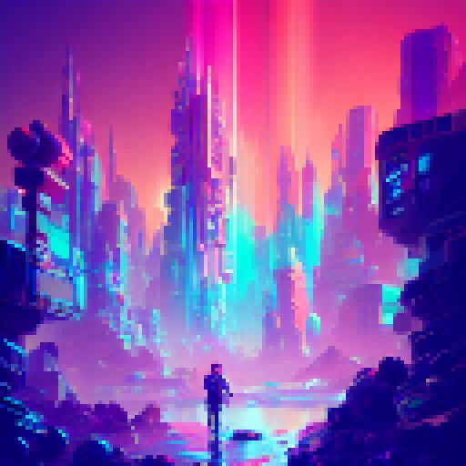 A vibrant, neon-colored isometric character standing on a floating, crystalline platform surrounded by a bustling cityscape.