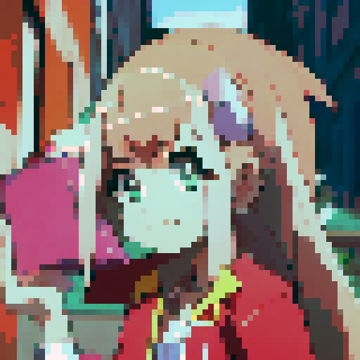 "Anime-styled young girl in a vibrant red school uniform strikes a pose with a confident smile, surrounded by colorful cherry blossom petals and holding a stack of textbooks in one hand."