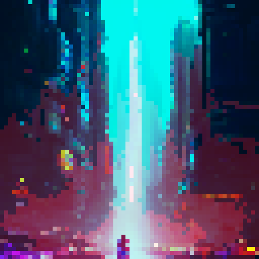 cute girl with big, expressive eyes, long blue hair, vibrant neon colors, pixel art aesthetic, futuristic cityscape filled with towering skyscrapers and holographic billboards, glowing neon signs reflecting off rain-soaked streets, characters wearing edgy, futuristic fashion, dramatic lighting casting long shadows, intricate circuitry and glowing cybernetic, landscape portrait