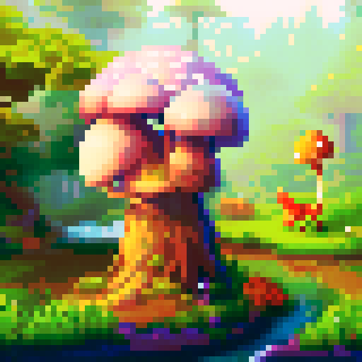 "Majestic trees tower above a babbling brook as a curious fox peeks out from behind a mushroom in this pixelated forest scene."
