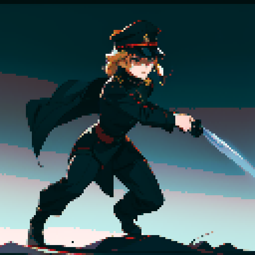 full-body image, military general woman, black uniform, black hat, evil, facing left, ready to fight, war background, battlefield, warfare