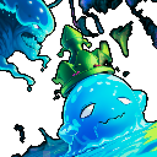 Blue Slime cube, Gelatinous cube, wearing crown, giant Slime, boss fight