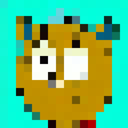 cartoon cat, turquoise background, big-eyed with halfway-down eyelids, pupils clearly visible, game icon style, 16x16, pixel art, close up, portrait