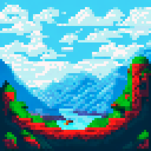 Smoking wreckage of a small plane, broken wings jutting out of the snow-covered tundra, with a serene mountainous landscape in the background, all depicted in pixel art with a cool sRGB color palette