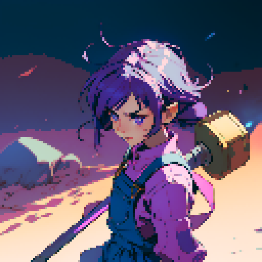 nerdy character, purple-haired, overalls-wearing, small hammer-wielding, jrpg-style, sRGB, pixel art