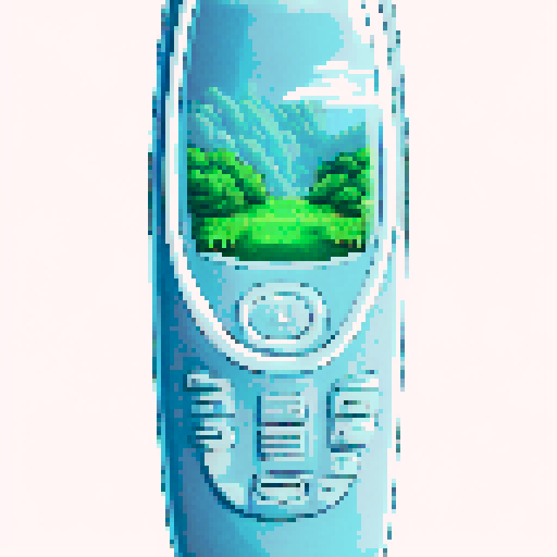 Pixelated mobile phone, its translucent body revealing a lush, green landscape in the background