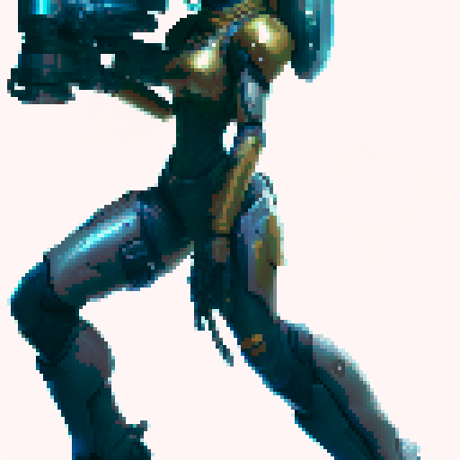 samus-aran type female character with anime eyes, no helmet, arm weapon like samus, medium sexy butt and boobs, standing facing right idle, fantasy RPG