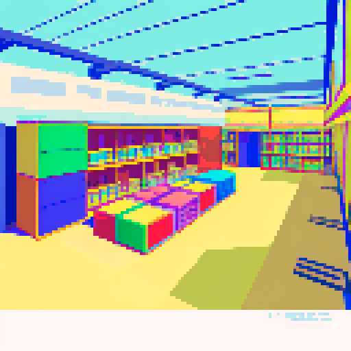 corridor, wholesale, shelves, pixel art, sRGB, vibrant colors, stacked boxes, organized chaos, geometric patterns, symmetrical layout, isometric perspective, crisp lines, limited color palette, detailed sprites