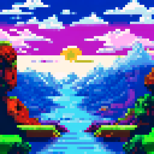 8-bit winter background with lots of sky with colour #29B5E8. Mountains, trees and snow.