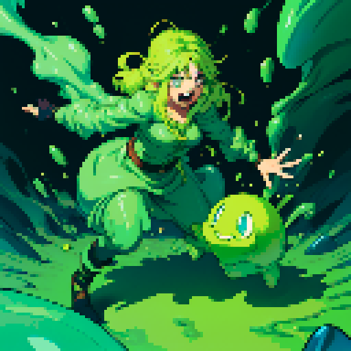 slime surging up around someone, slime engulfing a hero, slime consuming a hero, hero getting engulfed by slime, slime attack, dynamic, slime slamming into someone, impact, splashing slime, full-body image, full-body art