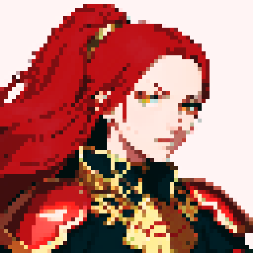 Fire Emblem Three Houses Edelgard, fierce warrior, crimson armor, golden accents, fiery red hair, intense gaze, pixel art, vibrant and colorful, sRGB