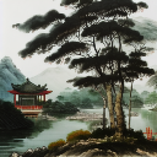 Chinese style painting, hills are around the river, the trees on the beach, and several pavilions stand over there. 