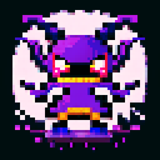 giant purple monster with sharp teeth and bat-like tentacles, pixelated 16-bit style capturing the retro charm and vibrant colors of the sRGB color space