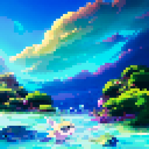 Majestic sea turtles and colorful sea creatures frolic in crystal clear waters while a vibrant sunset paints the sky in a Ghilbi Studio-inspired anime beach scene.