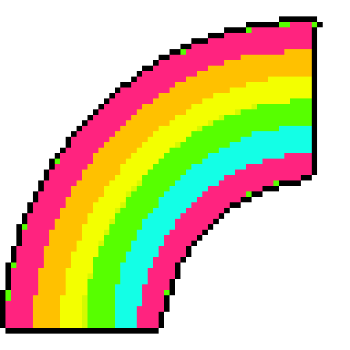 Pixel art of a cute, chubby cat with big round eyes, sitting on a vibrant green grass field surrounded by colorful flowers and a clear blue sky with fluffy white clouds