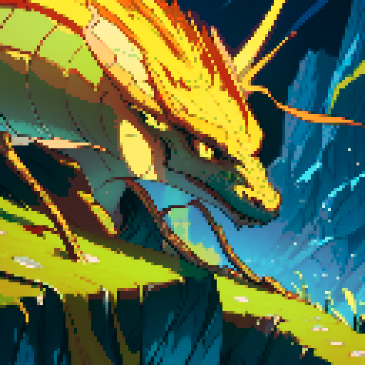 dragon with shimmering scales, hoard of gold coins glimmering in the background, dragon leisurely lounging on top of a massive pile of gold coins, dragon's majestic form taking up the full canvas with intricate pixel art details in a vibrant sRGB color palette, dragon is gold colored