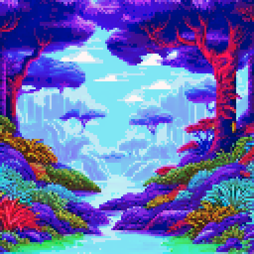 Deep inside jungle, towering ancient trees, lush ferns, vibrant flowers, misty atmosphere, mysterious shadows, sunlight filtering through dense foliage, exotic wildlife, colorful parrots, slithering snakes, hidden waterfalls, serene river, moss-covered rocks, pixelated leaves, sRGB color palette, pixel art style, detailed background, immersive landscape