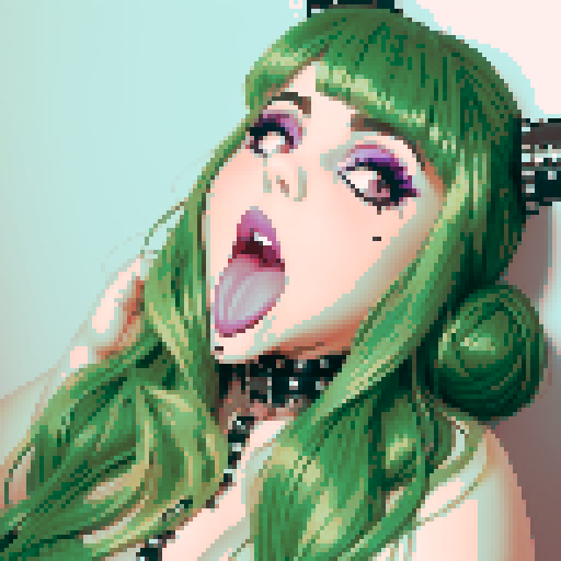 thicc, curvy, seductive busty goth babe with studded collar, long purple hair in buns, fishnet stockings, orgasmic aroused nude big titty goth in a nude sexy pose, pixel art, sRGB