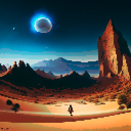 desert with many dunes at night, the sand is gray and there is a crescent moon in the dark sky