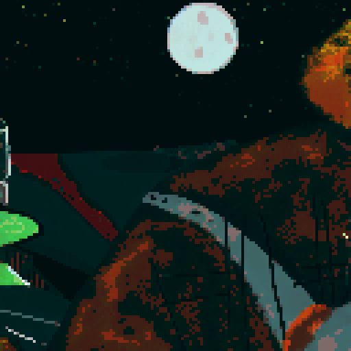 The scene is set as the main protagonist, gurney as seen in the bottom right is on a hill looking over a desolate area with sparse plant life up in flame. We see the back of his head, with his distinct jaw and a cigarette in his mouth. in the distance is a large laboratory, which has smoke coming out of it and a hole in the top. The sky is full of starts, a moon and a distant alien planet