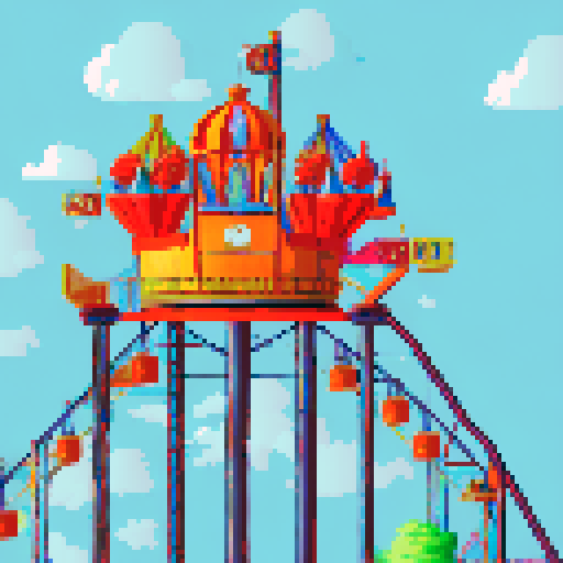 Amusement park, vibrant roller coasters, whimsical carousels, towering ferris wheels, sRGB colors, pixel art
