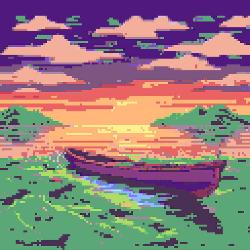 boat, vibrant colors, sunset, calm water, reflection, small waves, sail, clouds, mountains, distant island, seagulls flying, wooden deck, rope, anchor, fishing nets, fishing rods, fishing baskets, fishing boat, peaceful, serene, tranquil