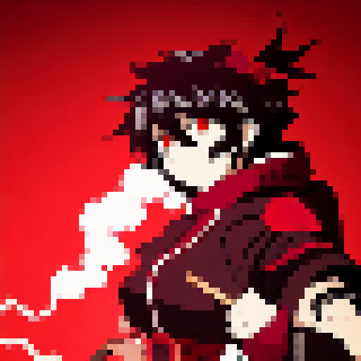Rogue assassin and demon slayer, adorned in red and black garb, fiercely battle amidst a Yo-Hokki Style world of swirling smoke and sharp-edged shadows.