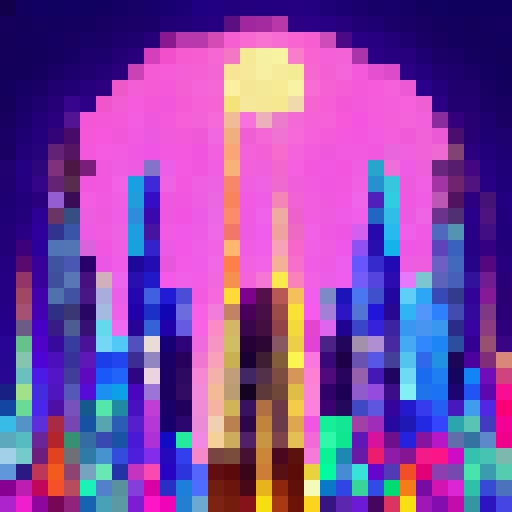 Shiv, a skilled artist, paints a vibrant, 32x32 pixel cityscape at night, featuring towering skyscrapers, neon lights, bustling traffic, and a full moon casting a ghostly glow over everything.