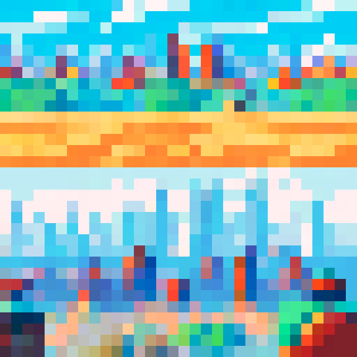Red City, towering skyscrapers, futuristic architecture, bustling streets, Martian landscape, red sand dunes, pixelated buildings, ARNE32 palette, sci-fi metropolis, otherworldly atmosphere, digital art style