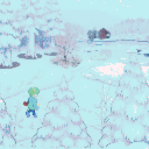 White winter wonderland, frozen lake, trees, boy with green shirt
