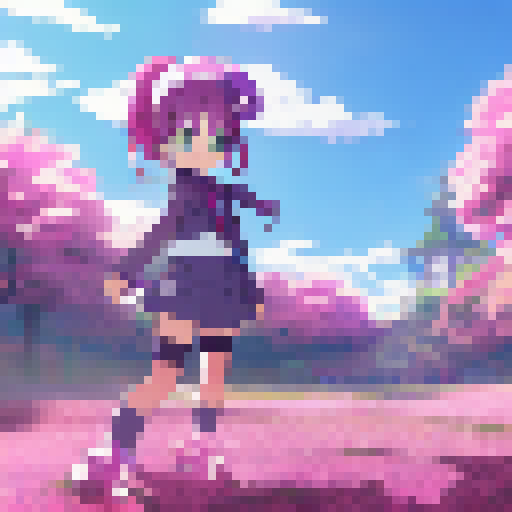 Futanari schoolgirls with pink hair and thigh-high socks practice their sword fighting skills in a cherry blossom garden, surrounded by fluttering petals and anime-style action lines.