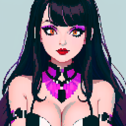 curvy, cute goth girl face, black hair, purple eyeshadow, red lipstick, face portrait, glamour shot, vibrant sRGB colors, pixel art