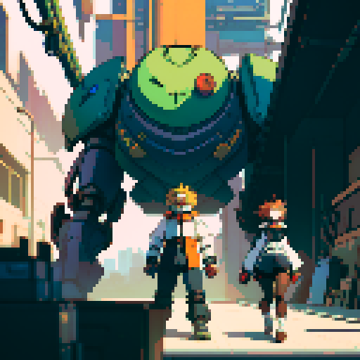 fat mad scientist, facing left, full-body image, exaggerated features, pixelated details, giant robot, mechanical limbs, robot workshop backdrop, sRGB color palette