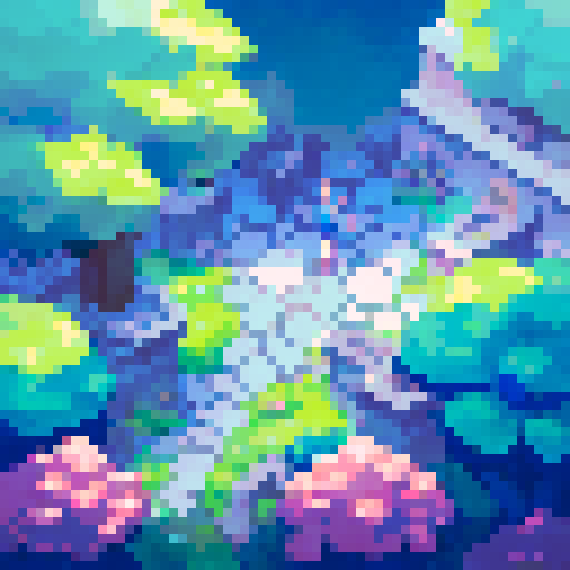 city, high tech castles, cathedrals with glowing stained glass windows, futuristic bridges spanning lush greenery, pixelated trees and flowers, small digital animals roaming, all in vibrant sRGB colors