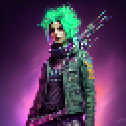 Girl in punk attire, with colorful hair and tattoos, stands in an abandoned urban alleyway, holding a sleek and deadly black gun or a wooden bow and arrow with neon green accents, ready to defend herself against any imminent threat, with a gritty and edgy art style.