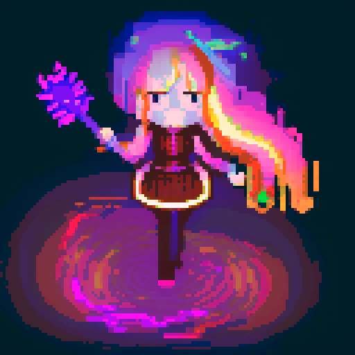  Mage anime girl with flowing hair, fluorescent tattoos, and a glowing staff,  floating in her evil lair