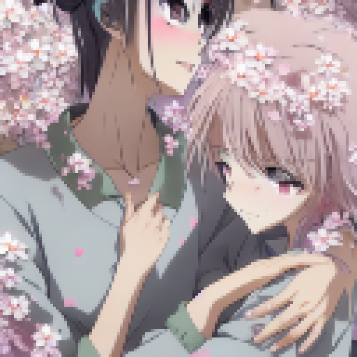 Two blushing women embrace, surrounded by cherry blossoms, with sparkling hearts in their eyes, in an anime style.